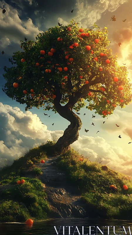 Luminous apple tree crowned by sunset light on hilltop.
