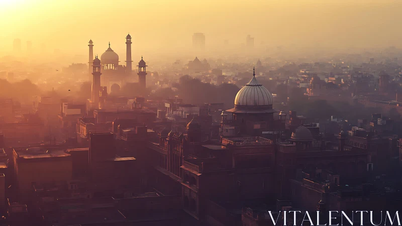 Sunlit domes and minarets emerge through atmospheric urban haze