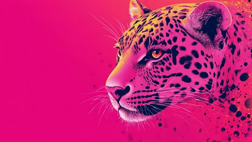 Neon magenta leopard portrait with dynamic ink splatter detail.