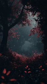 Crimson Leaves Frame a Mystical Forest Gateway