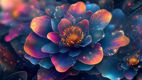 Shimmering cosmic blossoms unfolding in glowing twilight.