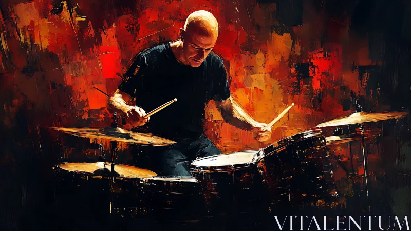 Dynamic drummer illuminated against abstract crimson backdrop