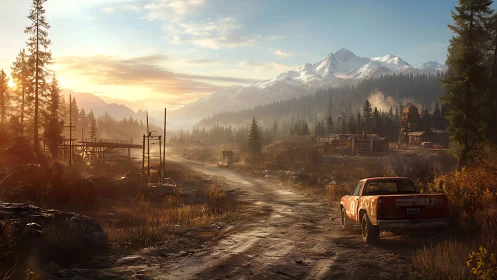 Rustic pickup on muddy logging road at alpine sunrise