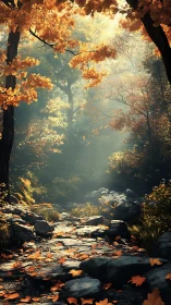 Autumn Forest Stream with Golden Canopy Light