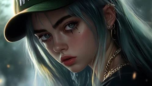 Hyperreal teal haired girl portrait in cap with golden jewelry