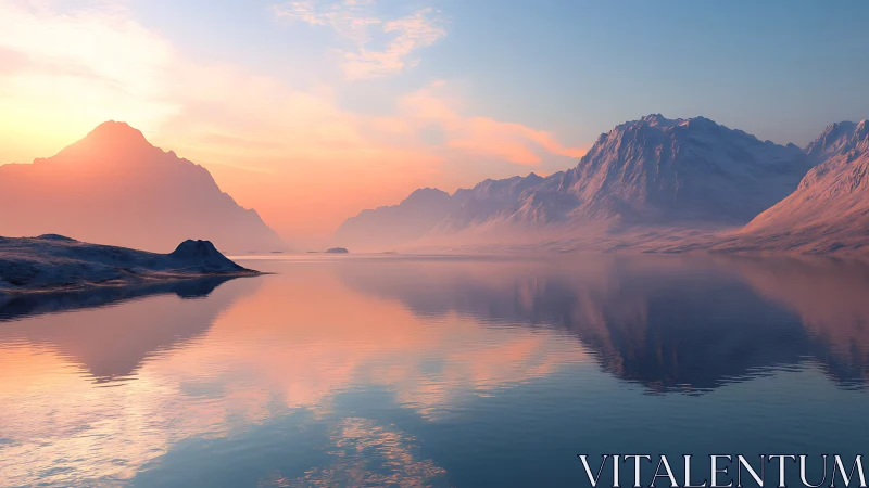 Dawn-kissed crystal fjord cradled by pastel misty peaks.