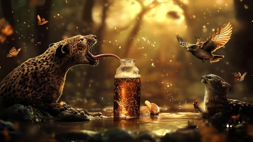 Enchanted forest animals gather around glowing honey jar.