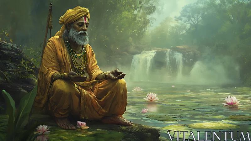 Meditative ascetic in saffron robes beside misted forest waterfall