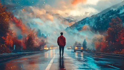 Solitary figure stands on wet mountain road at dusk