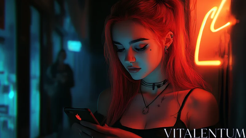 Neon city quiet finds a thoughtful girl lost in her phone