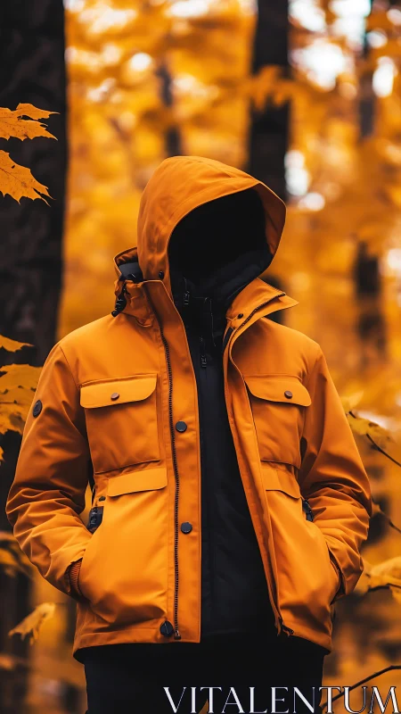 Figure in Orange Jacket Against Autumn Foliage.