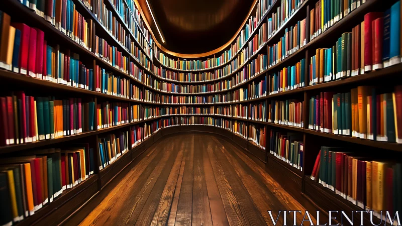Curved library stacks form symmetric corridor with rich color depth