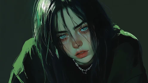 Moody digital portrait of girl with intense teal gaze.