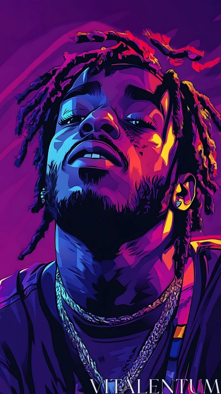 Neon portrait of confident rapper in bold vector gradients.