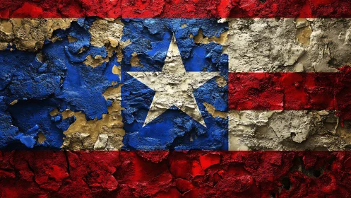 Weathered Texas flag mural with cracked peeling paint texture.