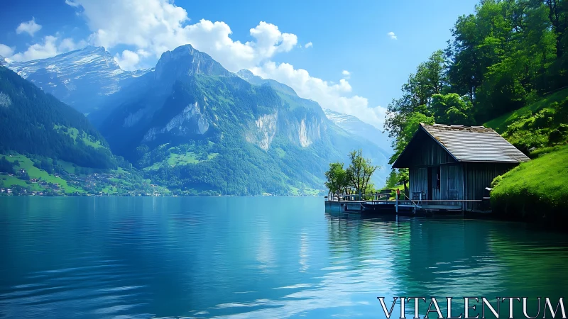 Lakeside wooden cabin facing calm water and tall mountains.