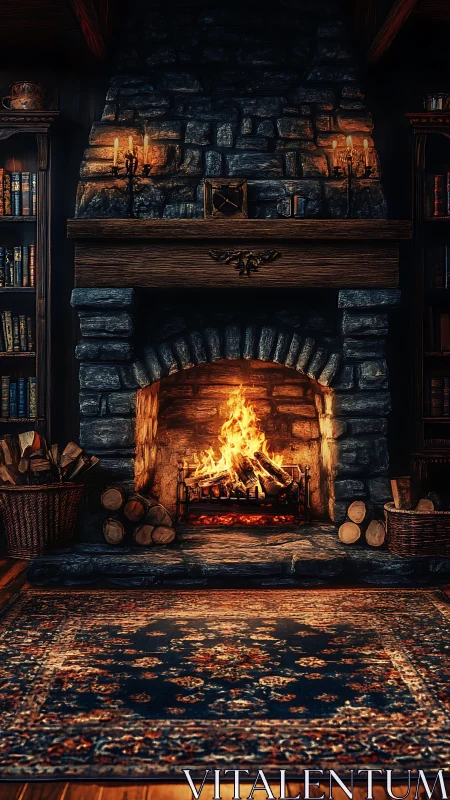 Stone fireplace with active fire and surrounding dark wood interior