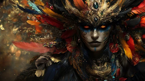 Highly detailed feathered war mask frames bioluminescent eyes in profile