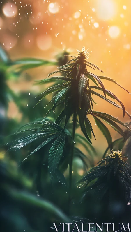 Backlit cannabis plant glows under gentle evening rainfall.