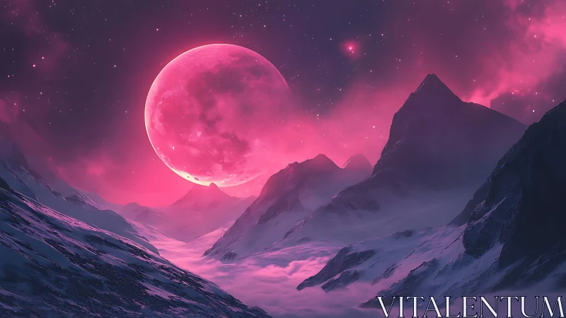 Neon lunar eclipse bathes icy alien mountains in magenta glow