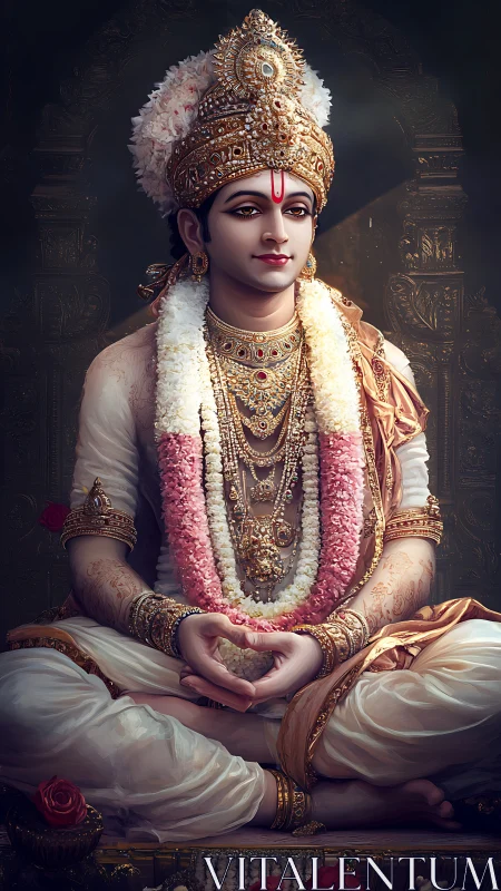 Graceful divine figure in serene meditation, adorned with garlands.