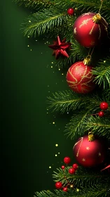 Red Christmas baubles on green fir branches background.