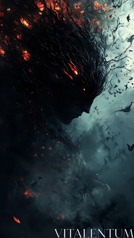 Ember-crowned shadow drifts between storm and burning void