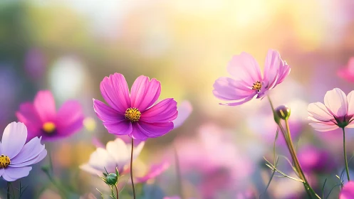 Gentle pink cosmos blossoms glowing in soft evening light.