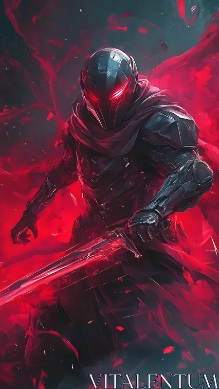 Armored dark knight with red energy blade in dynamic vortex field