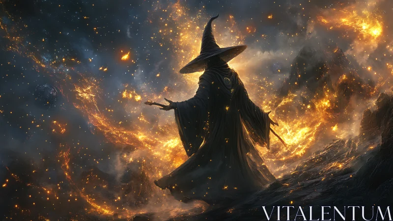 Celestial fire mage commands swirling cosmic inferno.