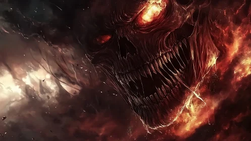 Flaming demonic skull emerges from storming inferno void