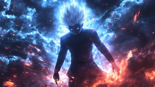 Stormborn enigma strides through colliding fire and frost.