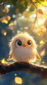 Fluffy yellow songbird on branch in soft forest light.