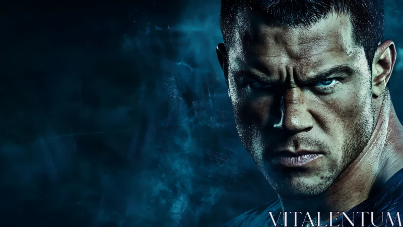 Storm-lit warrior gaze framed by swirling blue shadows.