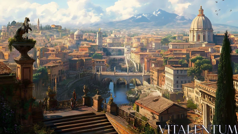 Riverside neoclassical metropolis under alpine horizon light.