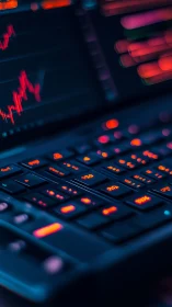 Neon backlit keyboard beneath blurred trading chart display.