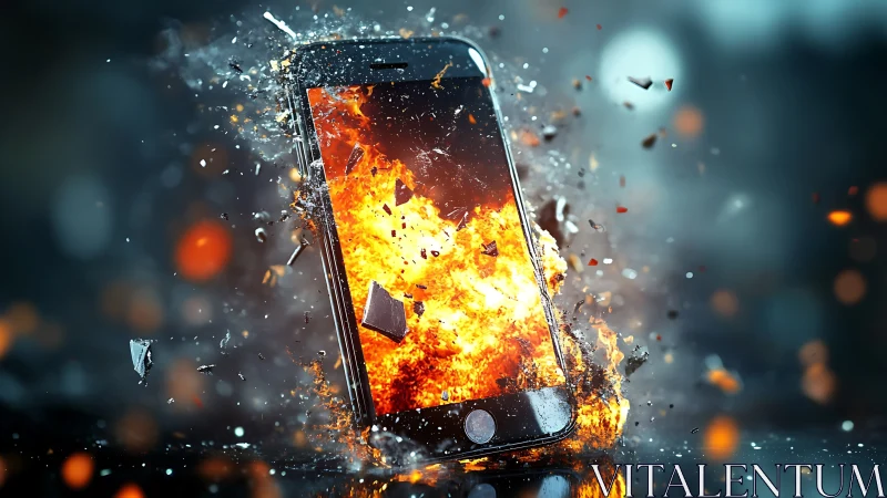 Smartphone explosion sends molten shards through neon haze.