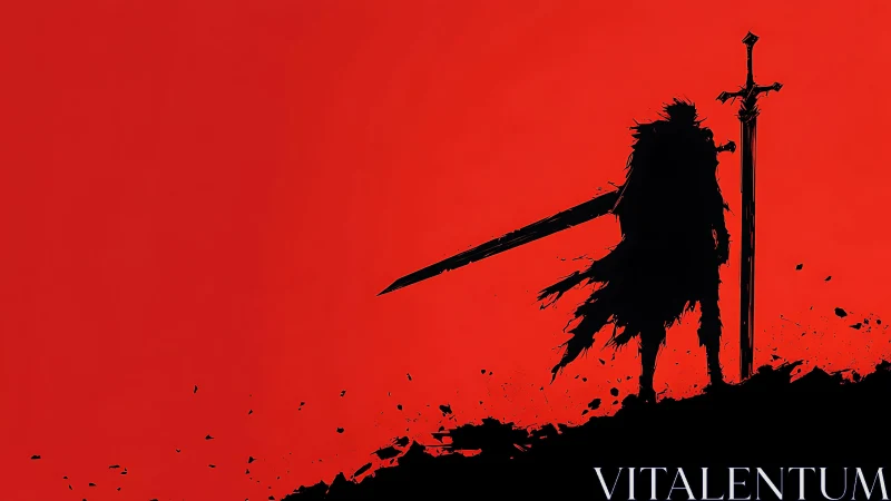 Blade-worn wanderer and colossal sword on bloodred horizon.