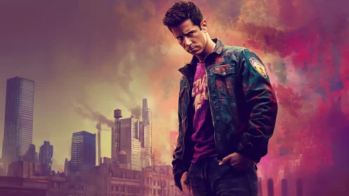 Brooding young man in cityscape with vivid smoke backdrop.
