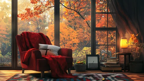 Cozy autumn reading nook glowing with sunset warmth.