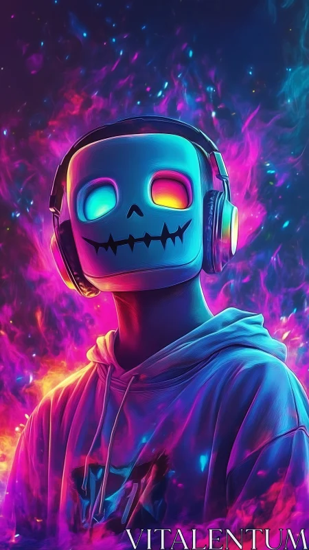 Neon skull-headed gamer with headphones in glowing flames.