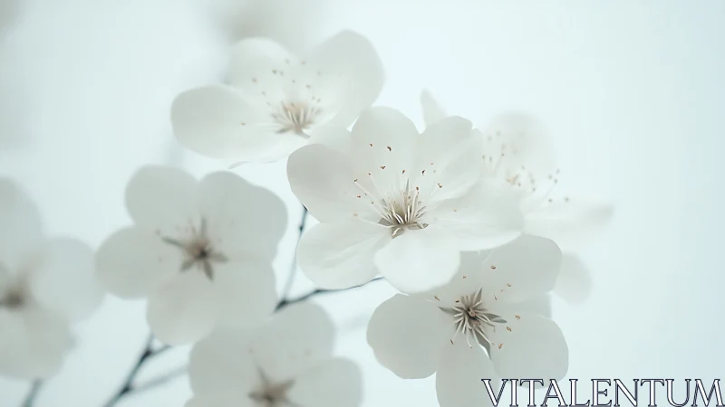 Delicate white blossoms cluster softly against luminous pale sky