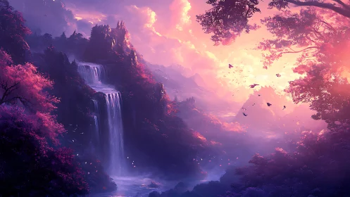Twilight cascades in a neon-tinted enchanted valley dreamscape.