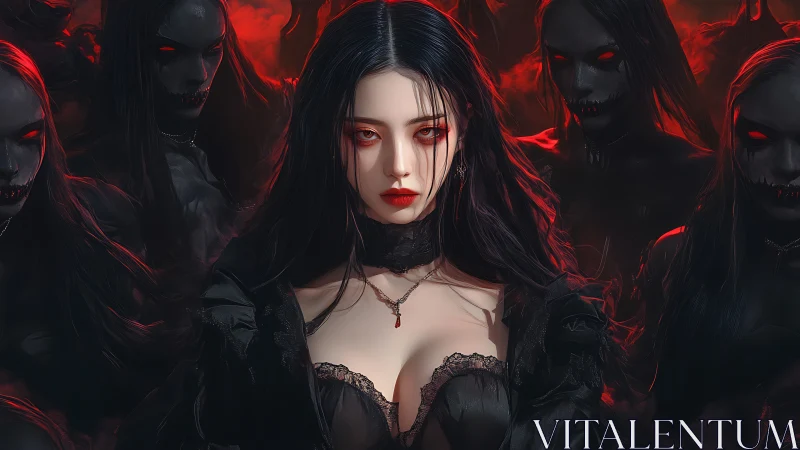 Gothic vampiric sorceress flanked by demonic wraith entourage