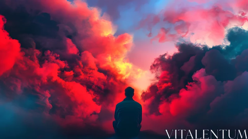 Digital painting of solitary figure amid luminous storm clouds.