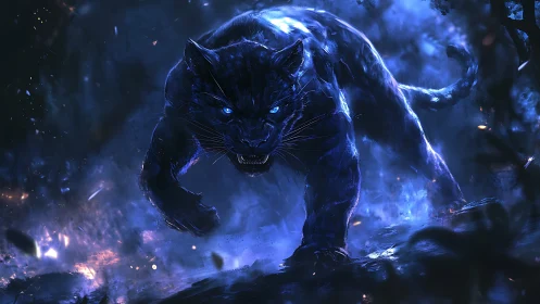 Ethereal Black Panther Charging Through Electric Blue Energy Storm.