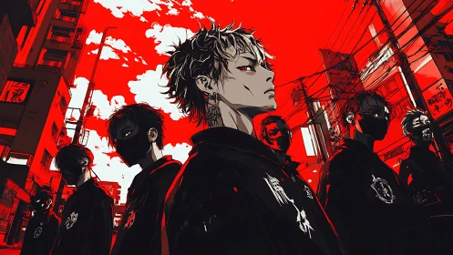 Urban delinquent gang in red-black high contrast anime cityscape