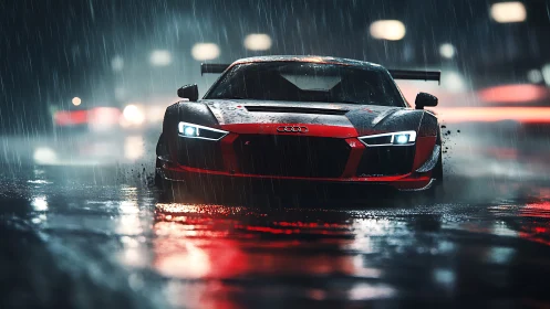 Racing coupe charges through neon rain with cinematic precision