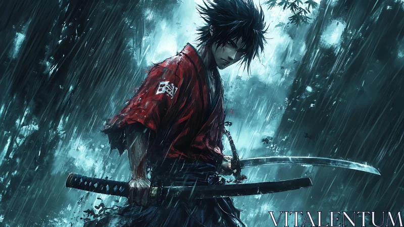 Samurai figure with dual katanas in heavy rainfall scene.