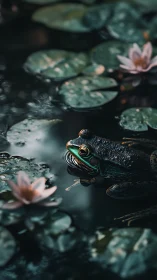 Frog in dim pond among lily pads and water lilies.